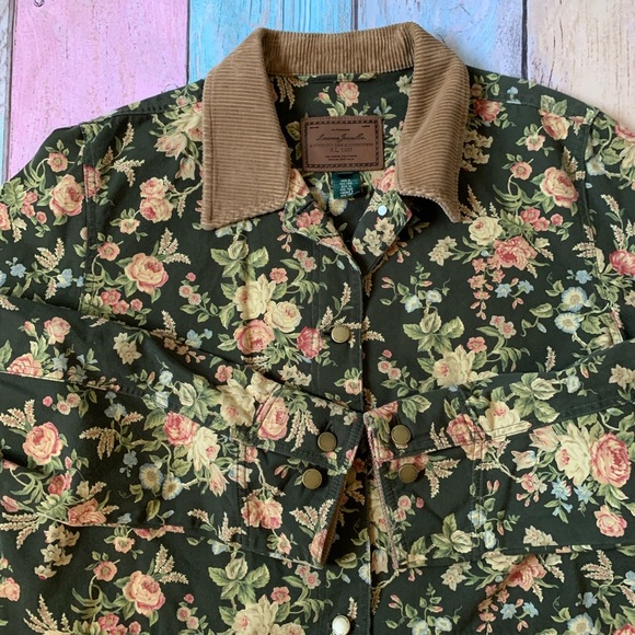 Vintage 90s Lauren Ralph Lauren Green Floral Jacket with Brown Corduroy Collar - Picture 5 of 11
